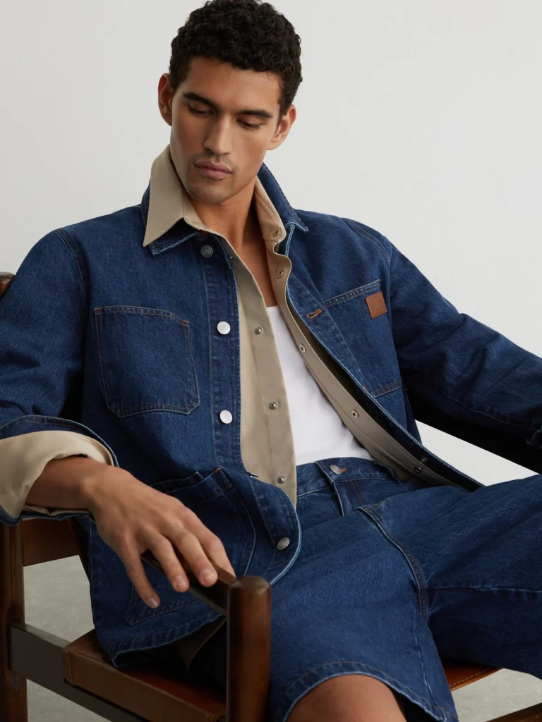 Reiss Mid Blue Monogram-patch Relaxed Denim Overshirt