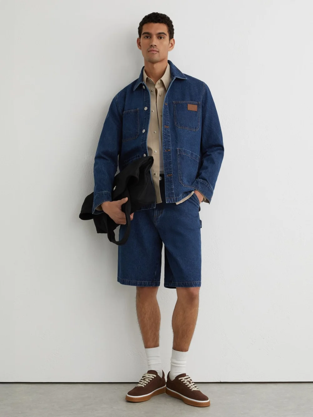 Reiss Mid Blue Monogram-patch Relaxed Denim Overshirt, view 3
