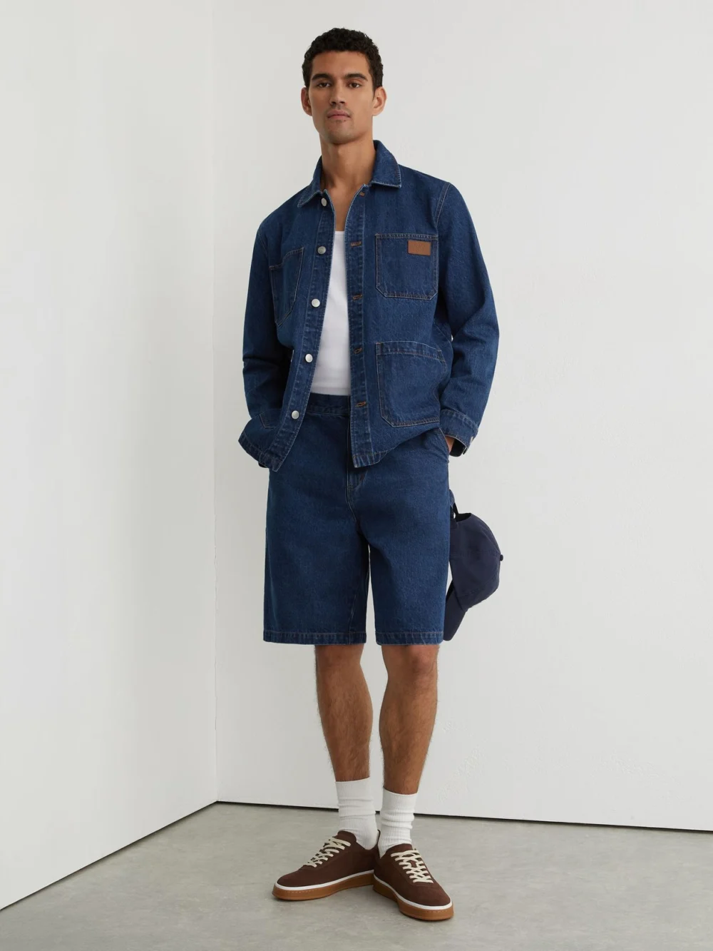 Reiss Mid Blue Monogram Relaxed-fit Denim Shorts