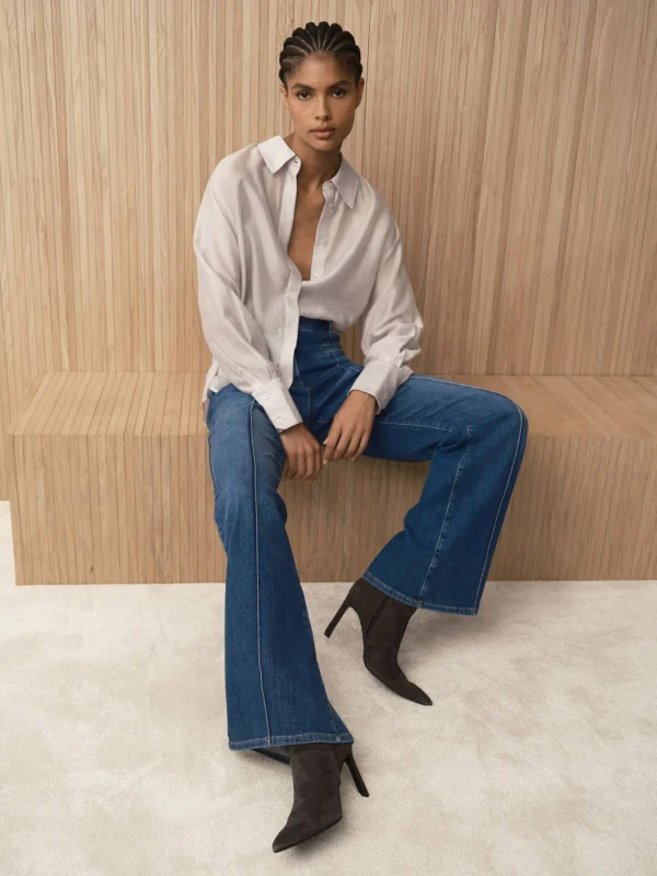 Reiss Mid Blue Pintuck-detail Flared Jeans