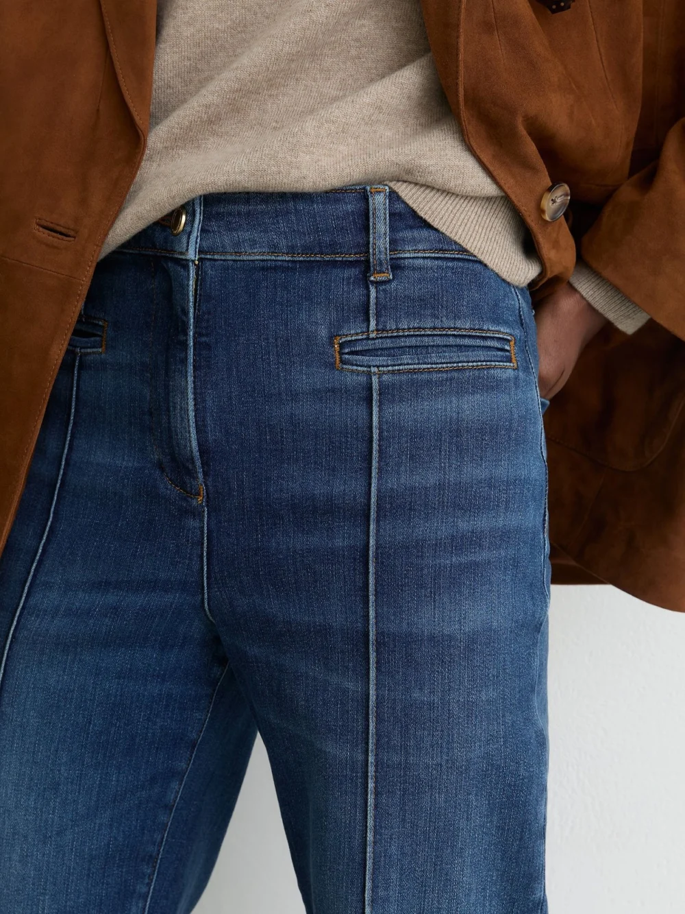 Reiss Mid Blue Pintuck-detail Flared Jeans, view 2