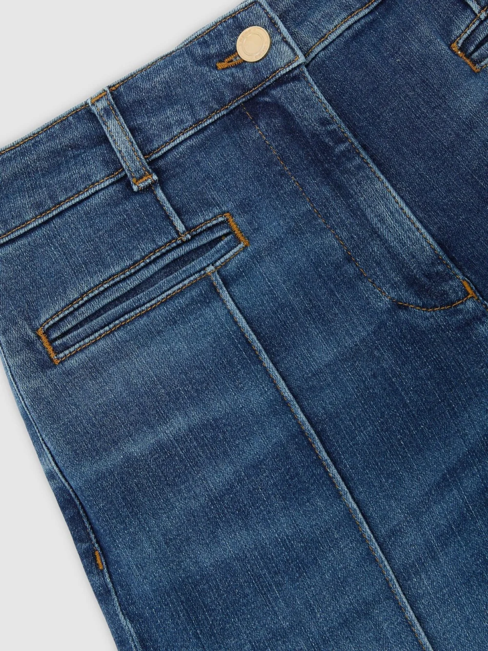Reiss Mid Blue Pintuck-detail Flared Jeans, view 4