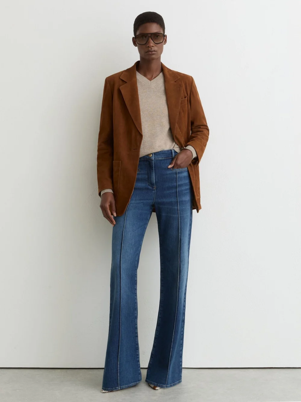 Reiss Mid Blue Pintuck-detail Flared Jeans, view 5