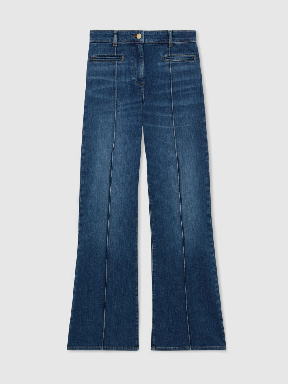 Reiss Mid Blue Pintuck-detail Flared Jeans, view 6