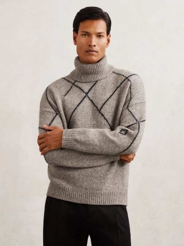 Reiss Mid Brown Wool-blend Roll-neck Argyle Jumper