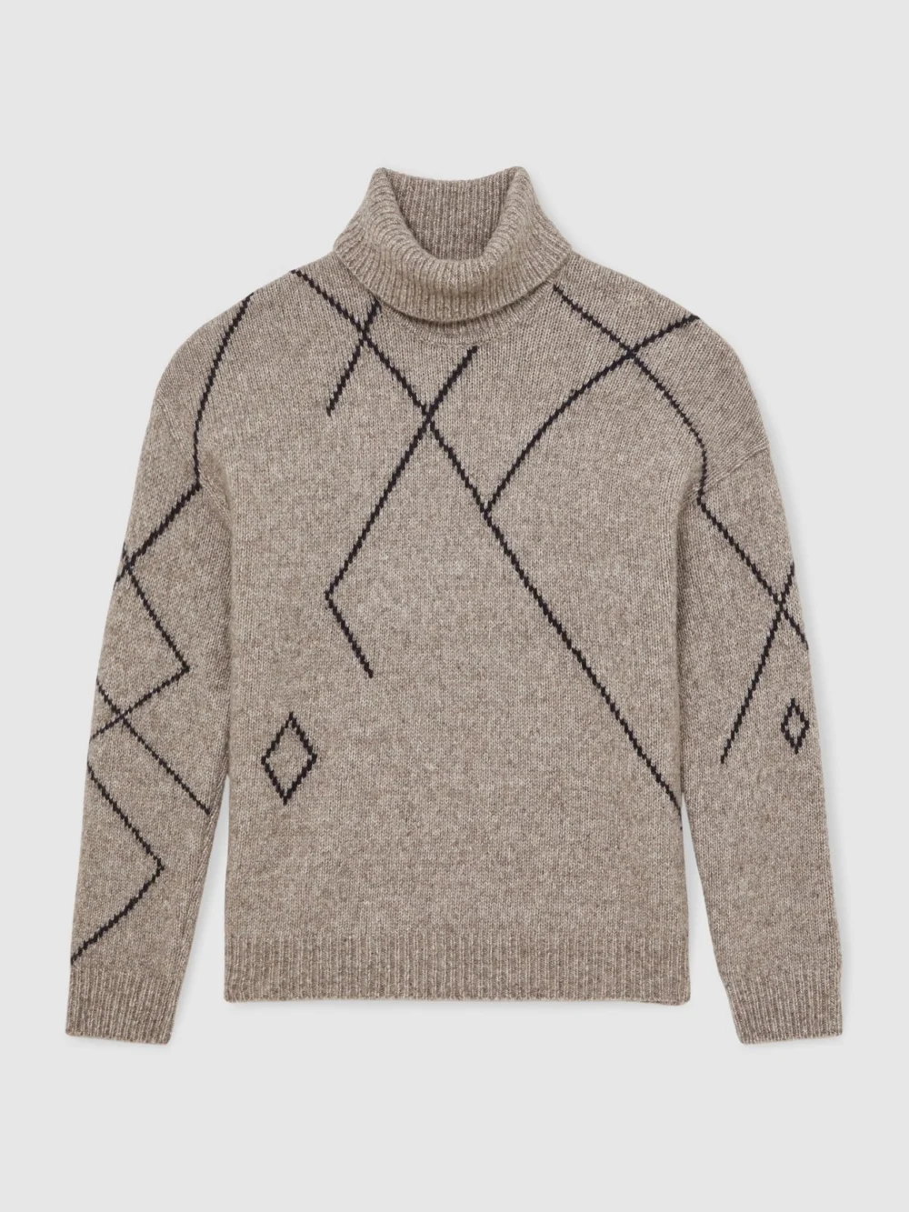 Reiss Mid Brown Wool-blend Roll-neck Argyle Jumper, view 2