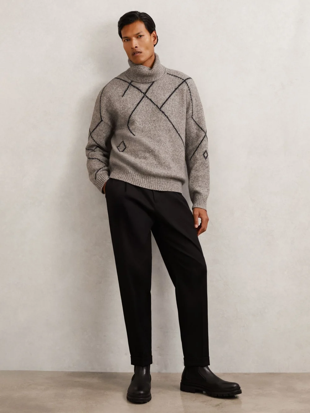 Reiss Mid Brown Wool-blend Roll-neck Argyle Jumper, view 3