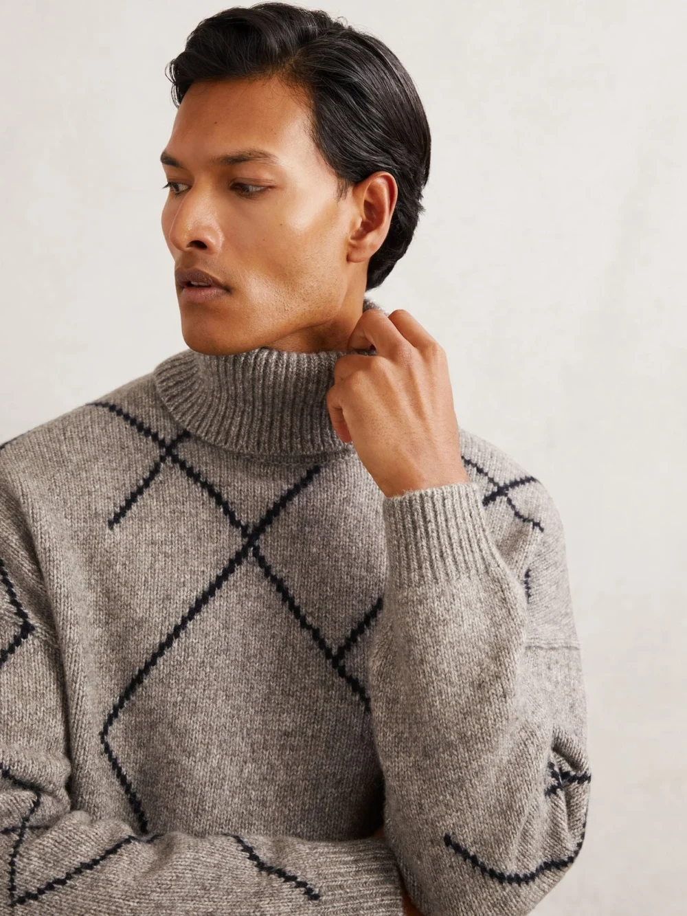 Reiss Mid Brown Wool-blend Roll-neck Argyle Jumper, view 4