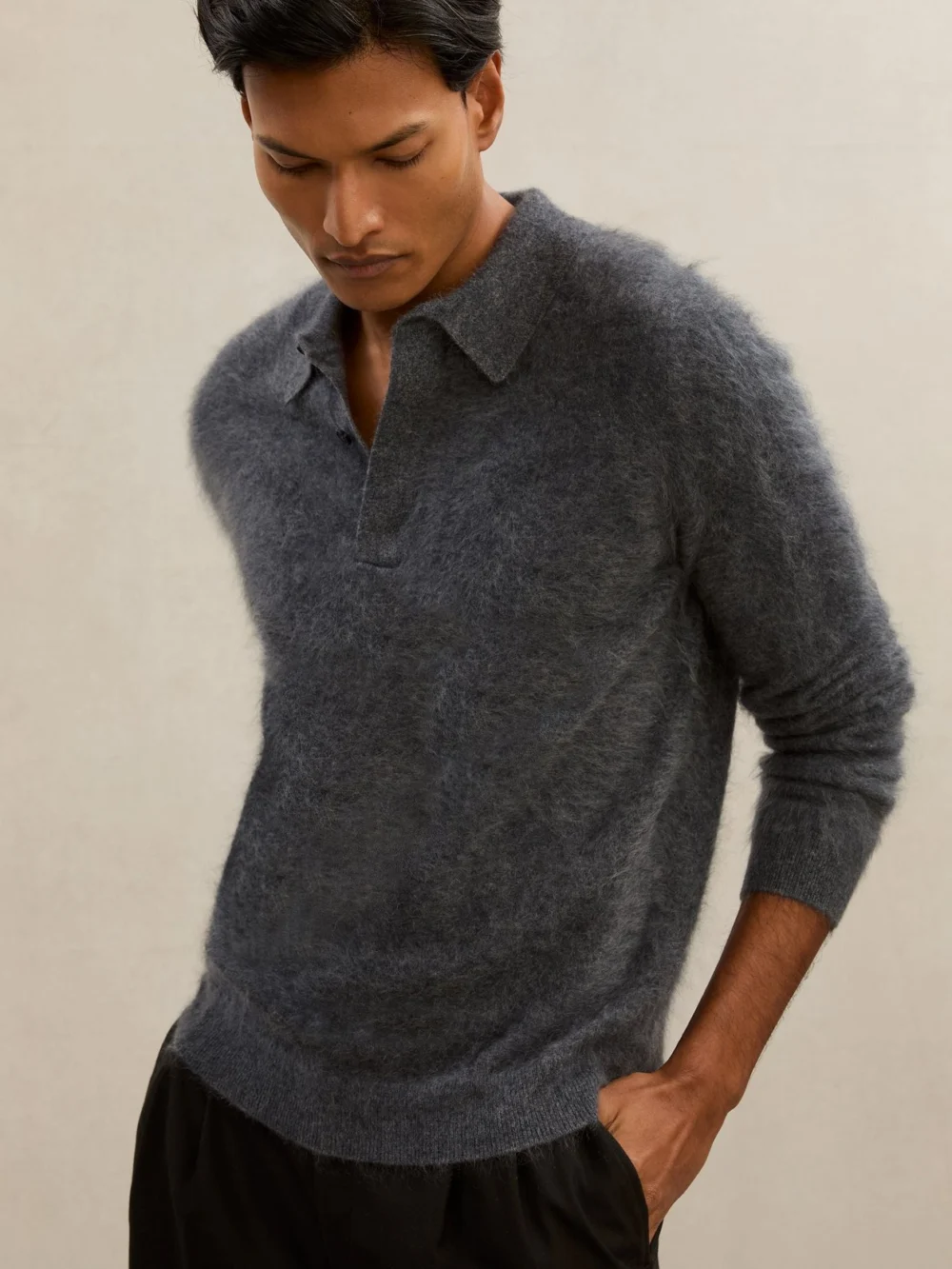 Reiss Mid Grey Atelier Brushed-cashmere Polo Jumper, view 3