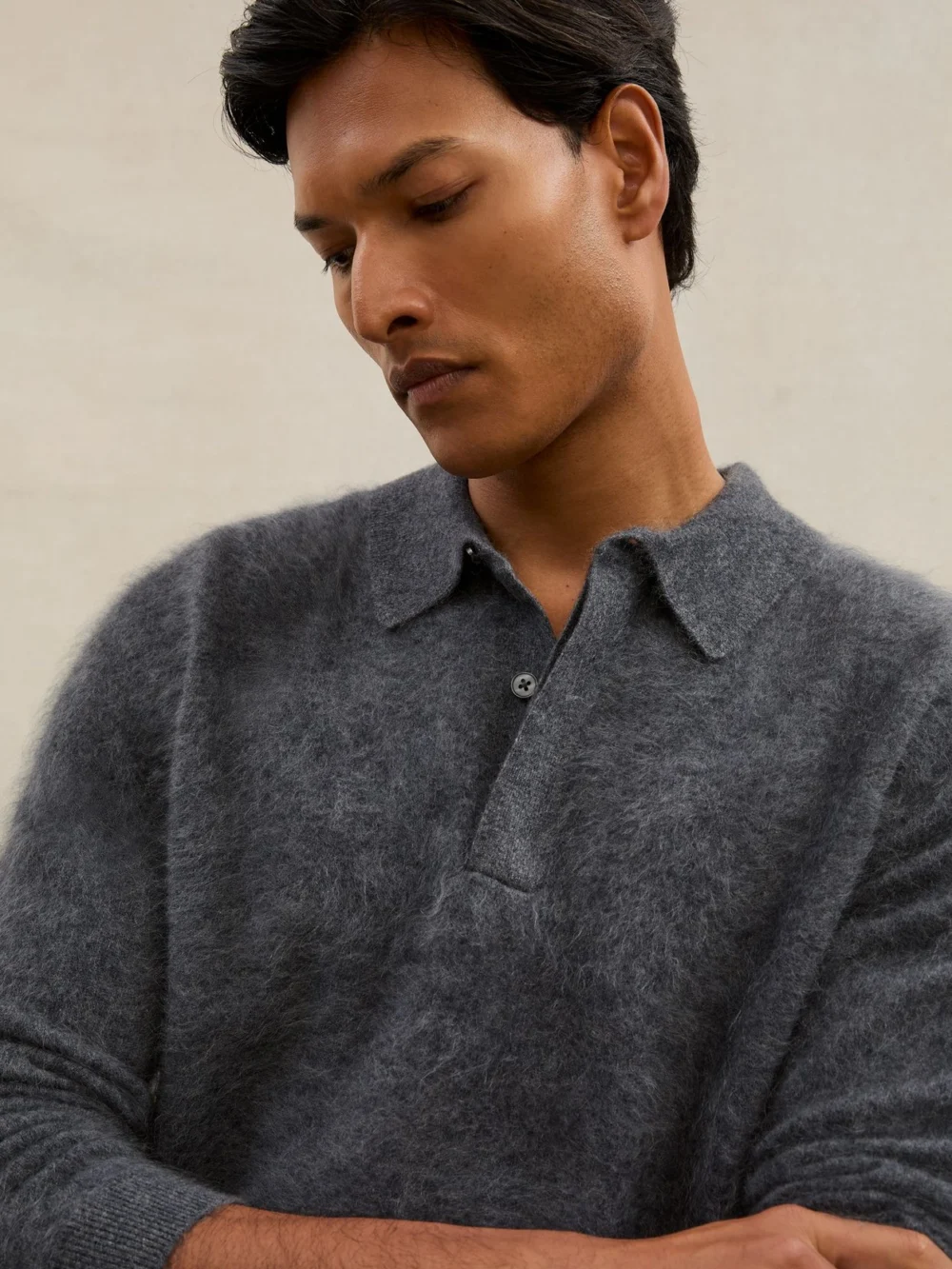 Reiss Mid Grey Atelier Brushed-cashmere Polo Jumper, view 4