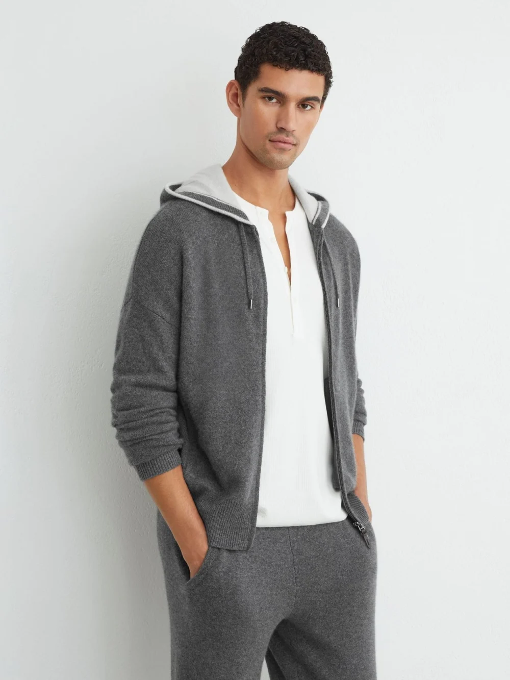 Reiss Mid Grey Melange Cashmere-blend Contrast-hood Zipped Hoodie
