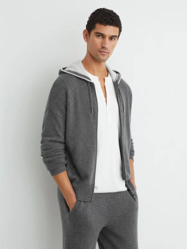 Reiss Mid Grey Melange Cashmere-blend Contrast-hood Zipped Hoodie