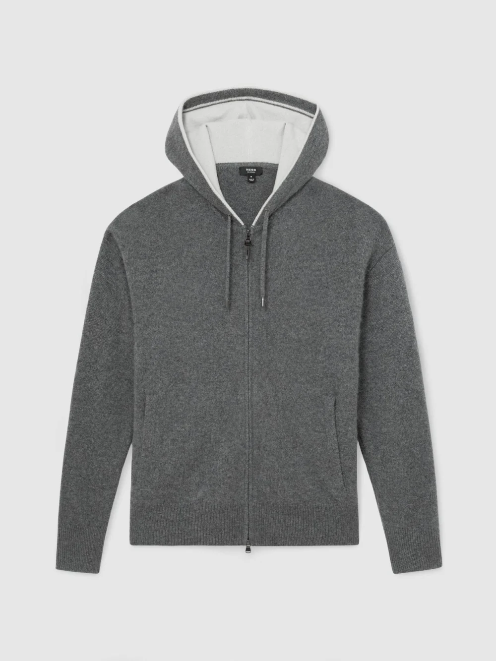 Reiss Mid Grey Melange Cashmere-blend Contrast-hood Zipped Hoodie, view 2