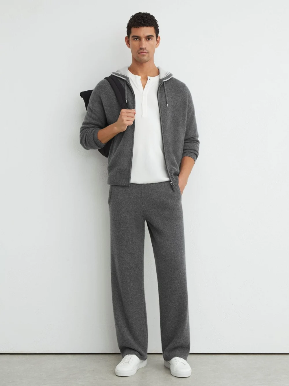 Reiss Mid Grey Melange Cashmere-blend Contrast-hood Zipped Hoodie, view 4