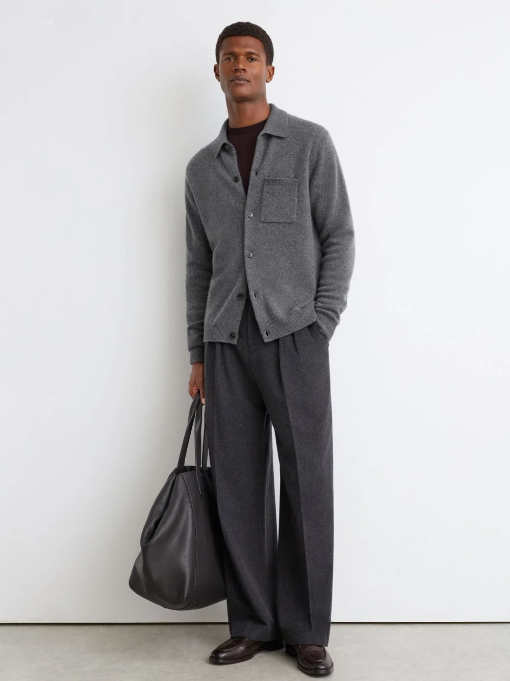 Reiss Mid Grey Melange Cashmere Button-through Shirt, view 3