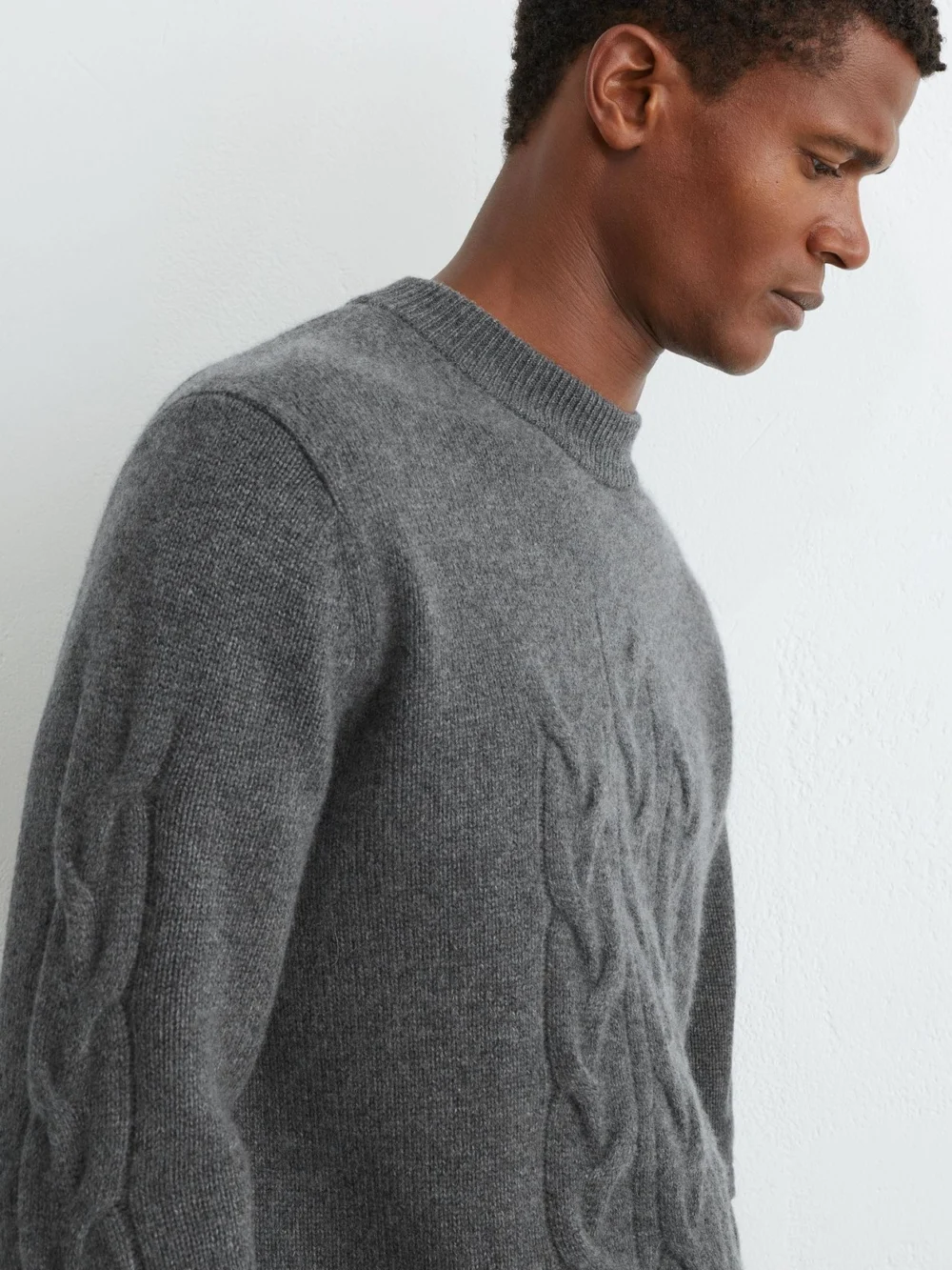 Reiss Mid Grey Melange Cashmere Cable Knit-detail Jumper