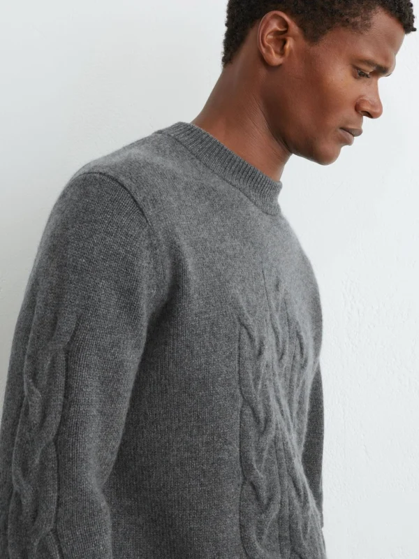 Reiss Mid Grey Melange Cashmere Cable Knit-detail Jumper