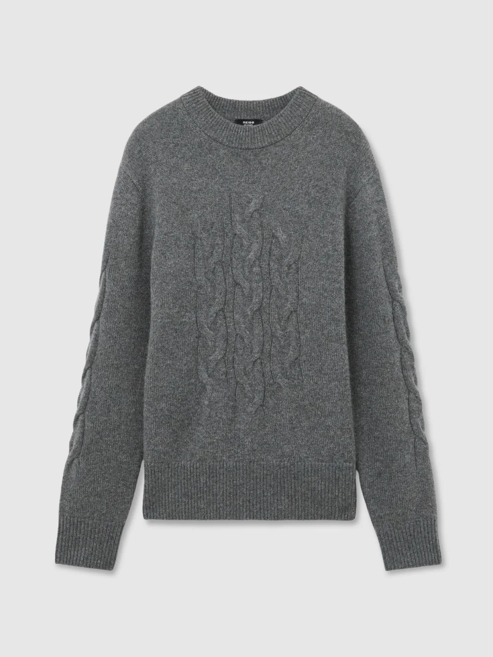 Reiss Mid Grey Melange Cashmere Cable Knit-detail Jumper, view 2