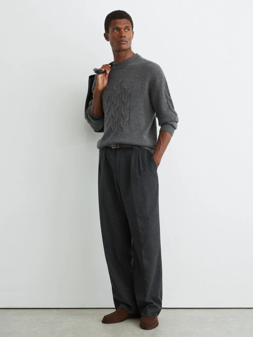 Reiss Mid Grey Melange Cashmere Cable Knit-detail Jumper, view 3