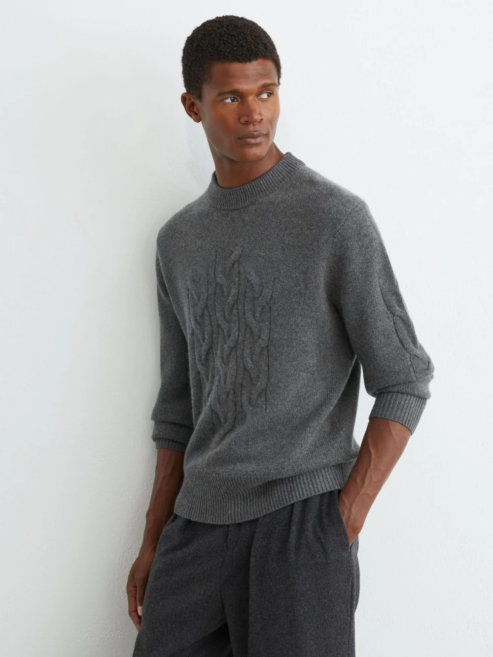 Reiss Mid Grey Melange Cashmere Cable Knit-detail Jumper, view 4