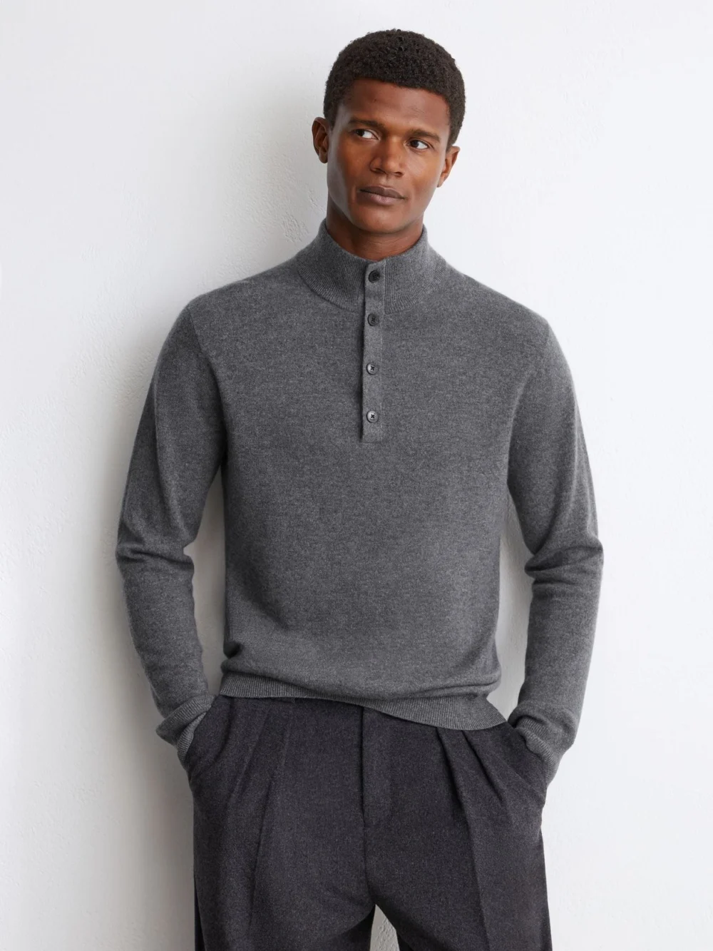 Reiss Mid Grey Melange Cashmere Funnel-neck Jumper, view 3