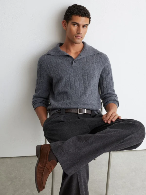 Reiss Mid Grey Melange Wool Stitch-detail Half-button Jumper