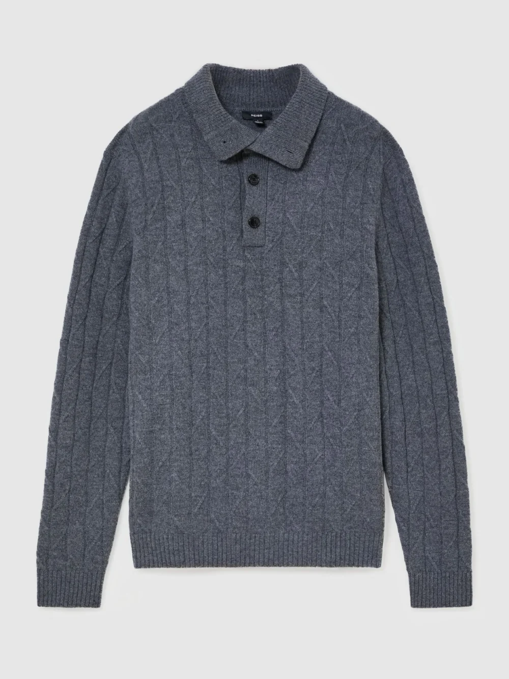 Reiss Mid Grey Melange Wool Stitch-detail Half-button Jumper, view 2