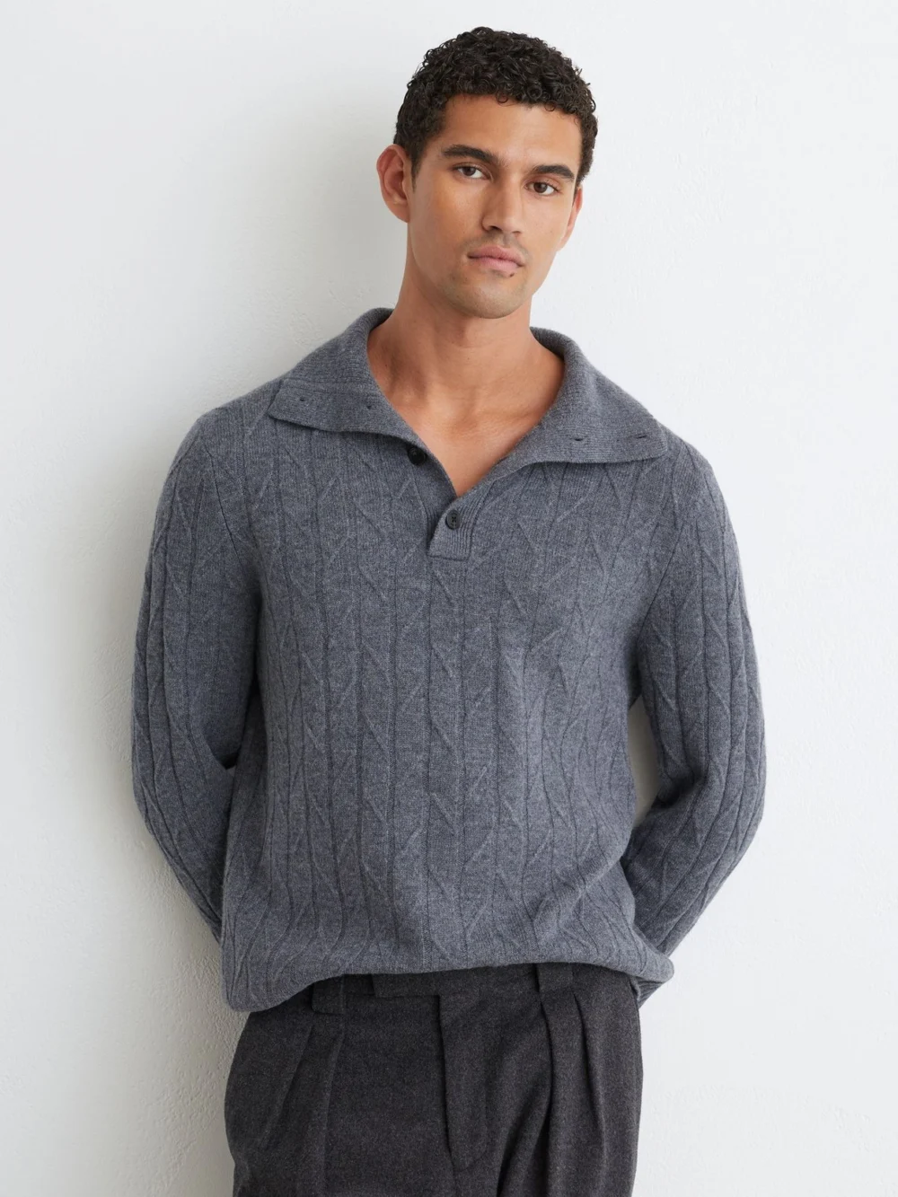 Reiss Mid Grey Melange Wool Stitch-detail Half-button Jumper, view 3
