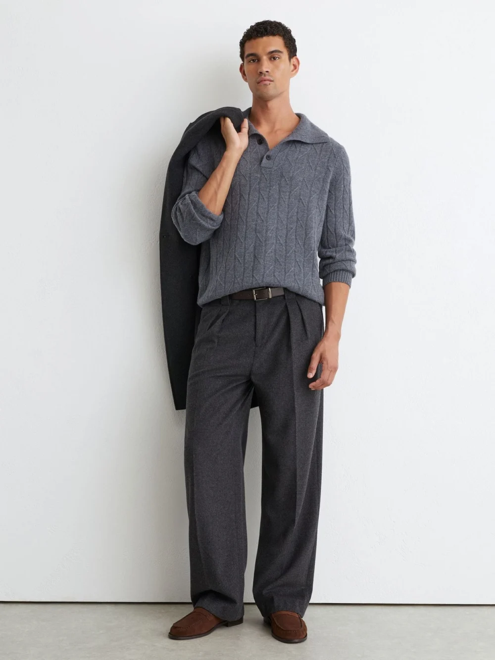 Reiss Mid Grey Melange Wool Stitch-detail Half-button Jumper, view 4