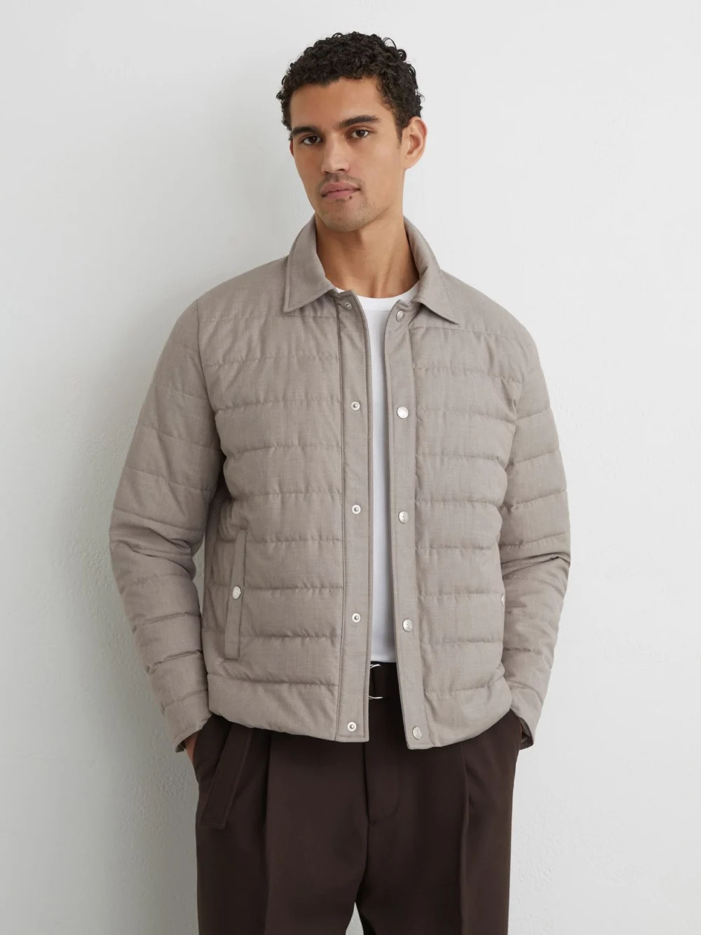 Reiss Mink Brown Quilted Hybrid Press-stud Jacket, view 3