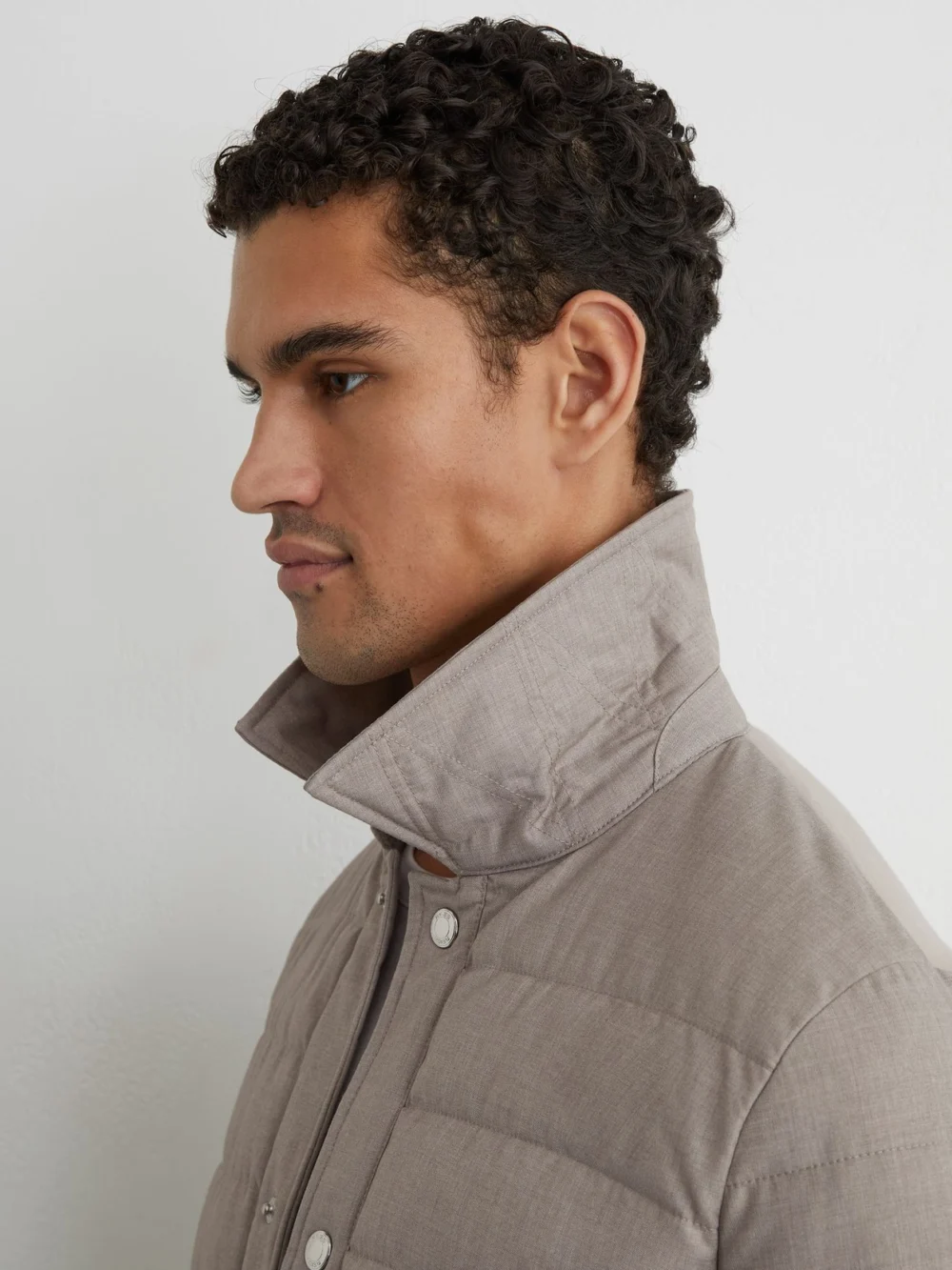 Reiss Mink Brown Quilted Hybrid Press-stud Jacket, view 4