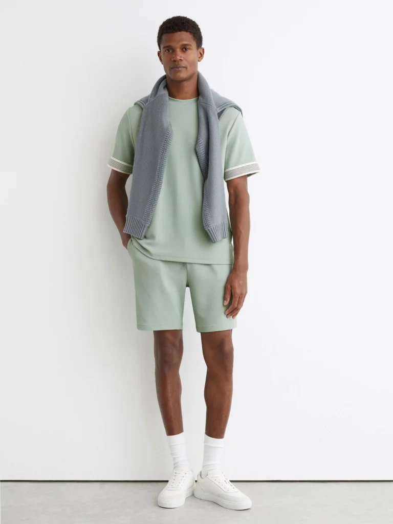 Reiss Mint Green Textured Side-stripe Drawstring Shorts
