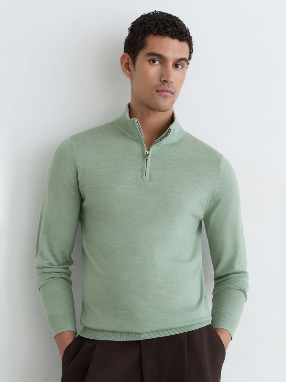 Reiss Minty Sage Green Merino Wool Half-zip Jumper, view 4