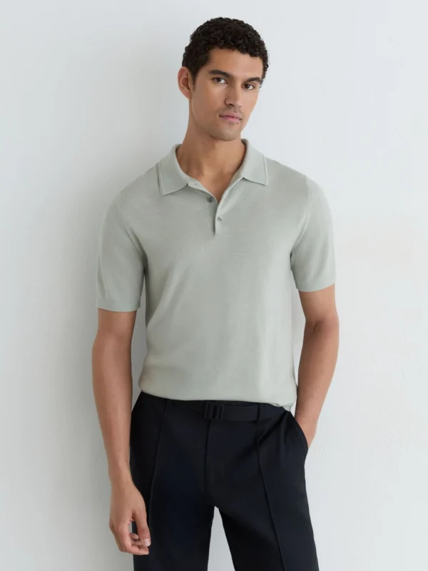 Reiss Minty Sage Green Merino Wool Short-sleeve Polo Shirt