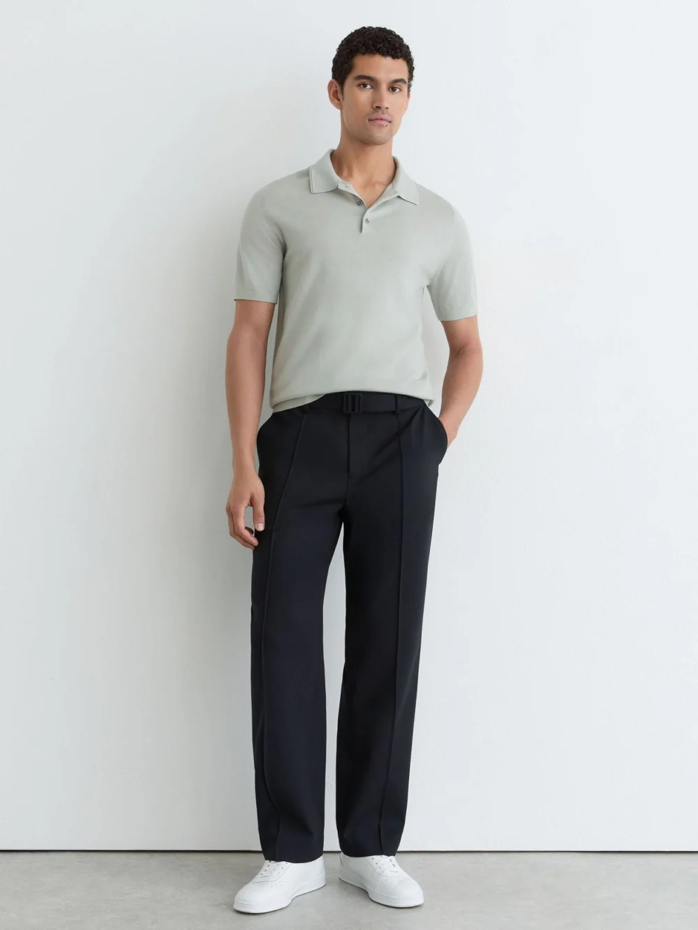 Reiss Minty Sage Green Merino Wool Short-sleeve Polo Shirt, view 4