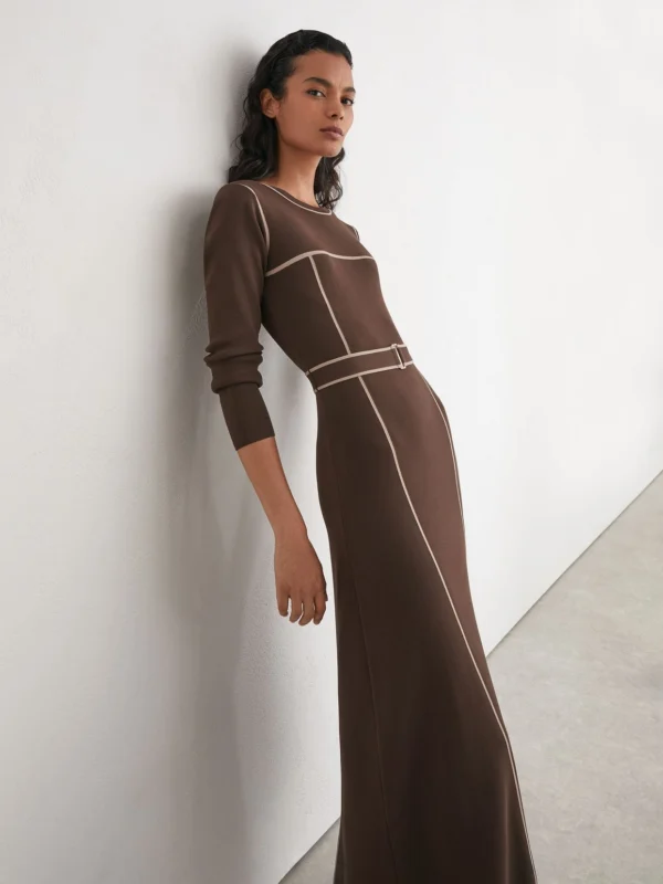 Reiss Mocha Brown Colour-block Knitted Midi Dress