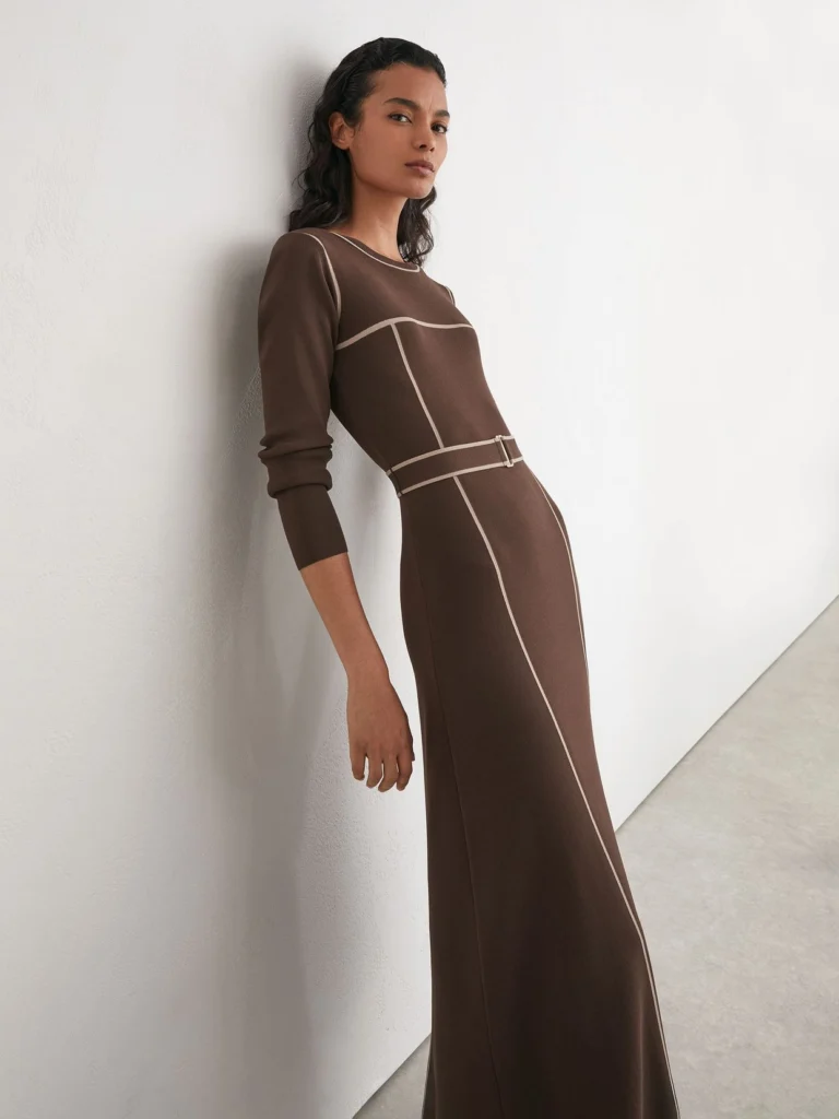 Reiss Mocha Brown Colour-block Knitted Midi Dress