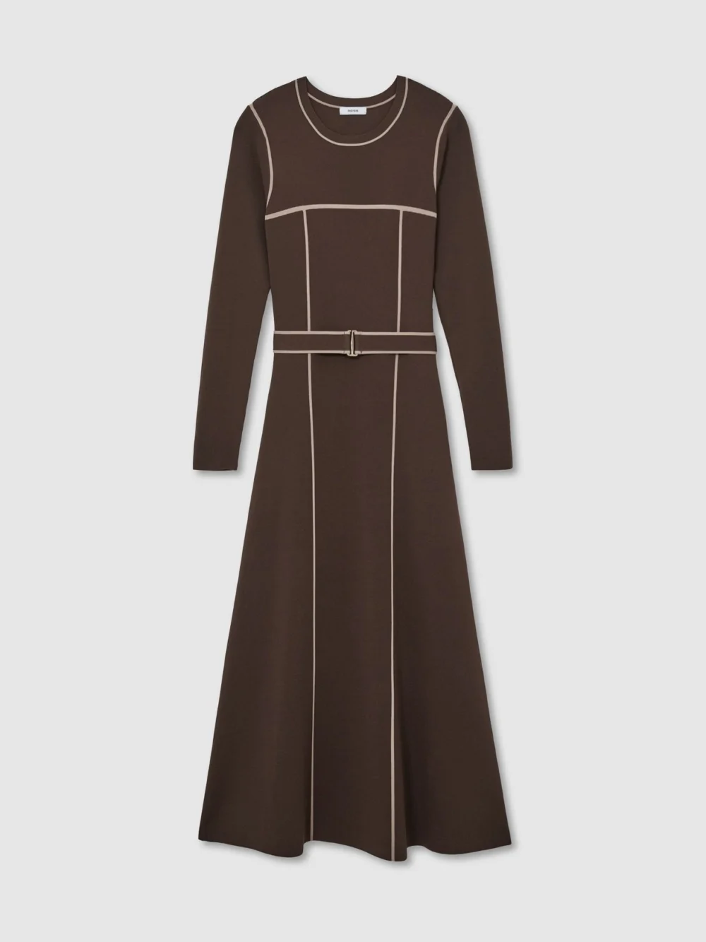 Reiss Mocha Brown Colour-block Knitted Midi Dress, view 2