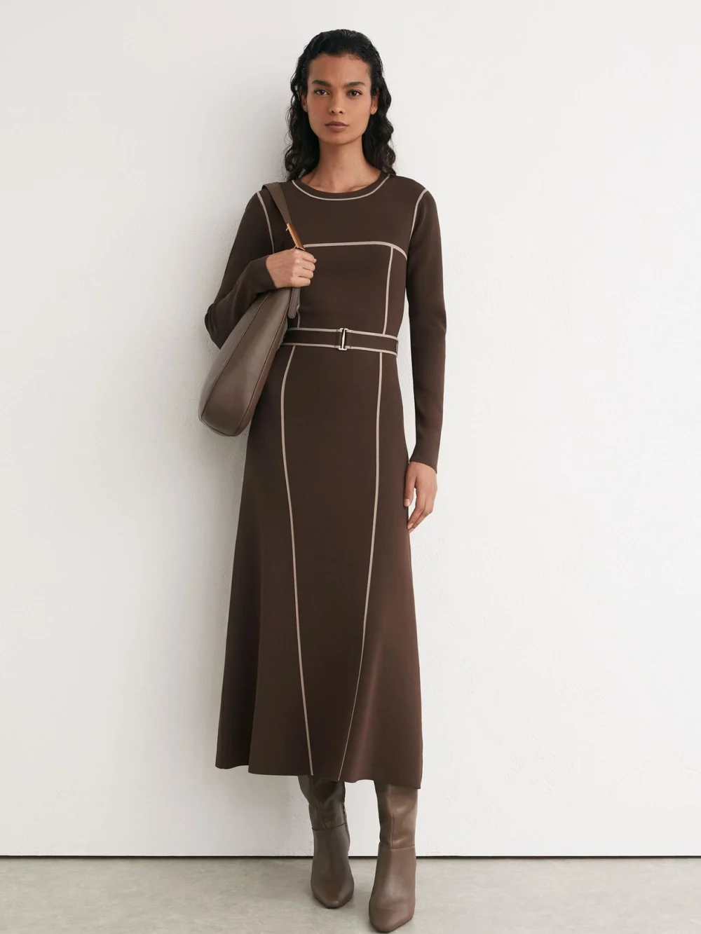 Reiss Mocha Brown Colour-block Knitted Midi Dress, view 3