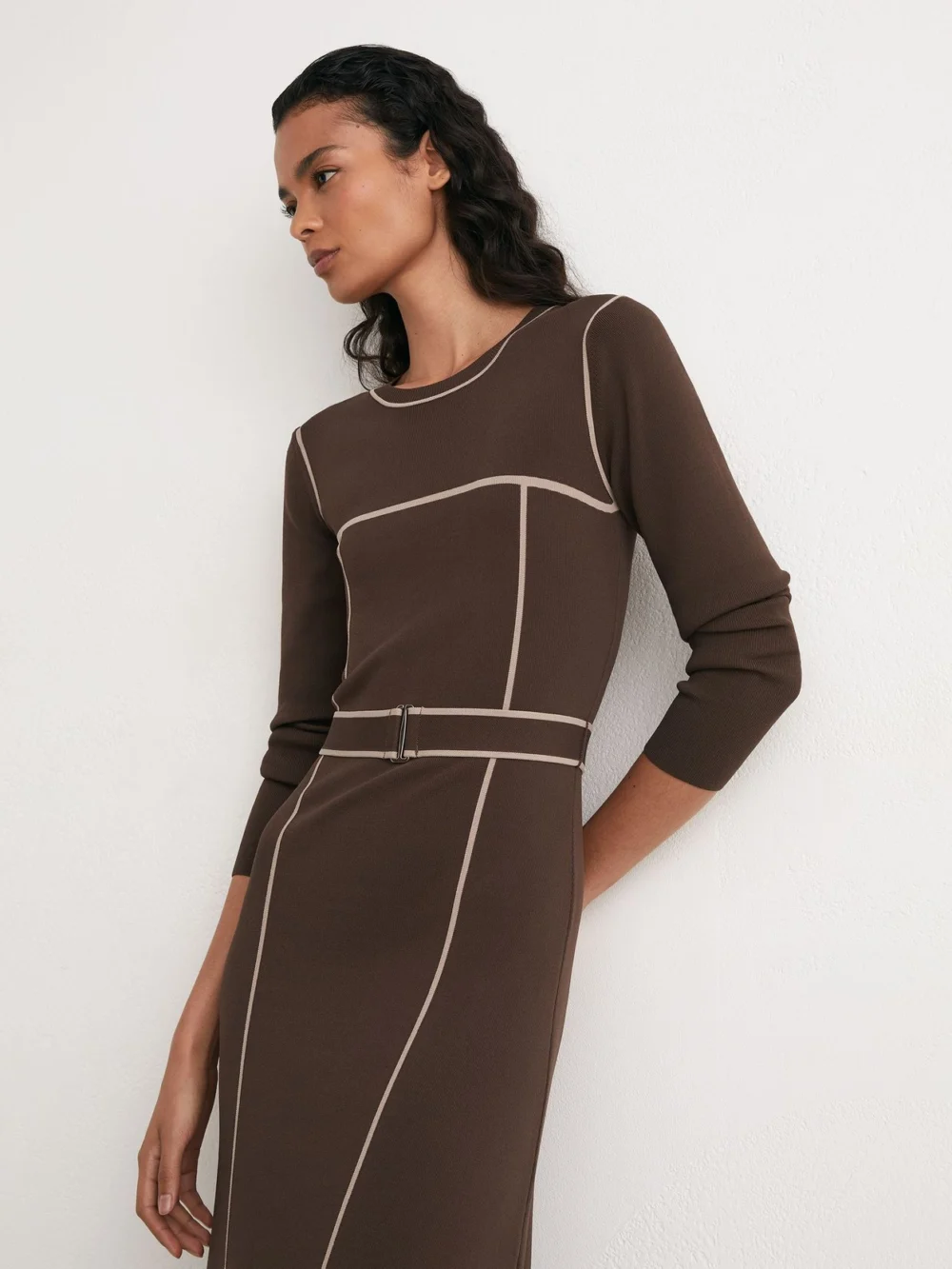 Reiss Mocha Brown Colour-block Knitted Midi Dress, view 4