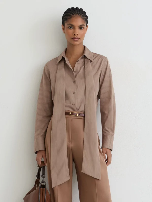 Reiss Mocha Brown Cotton Striped Tie-neck Shirt