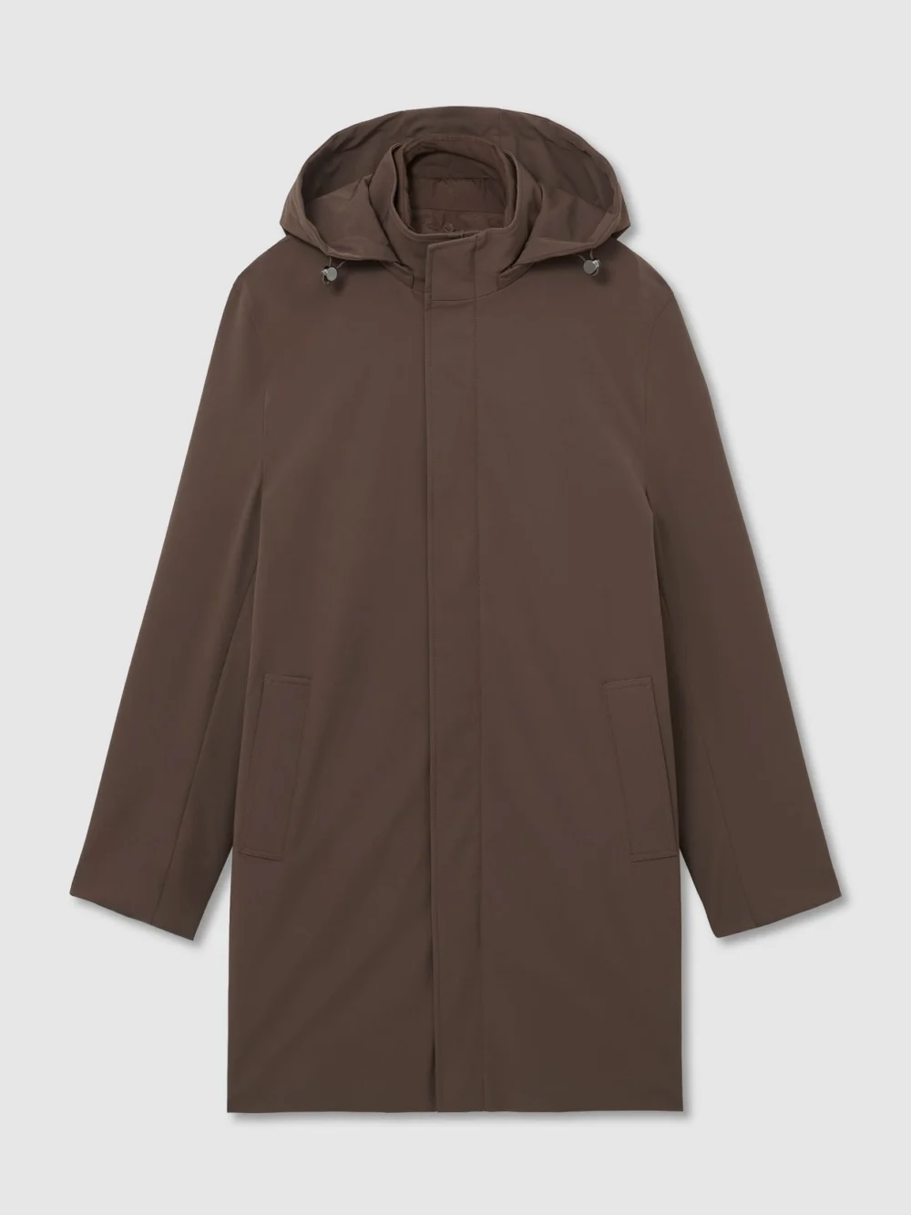 Reiss Mocha Brown Hybrid Gilet-insert Overcoat with Detachable Hood, view 2