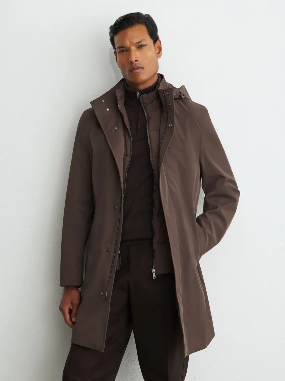 Reiss Mocha Brown Hybrid Gilet-insert Overcoat with Detachable Hood, view 3