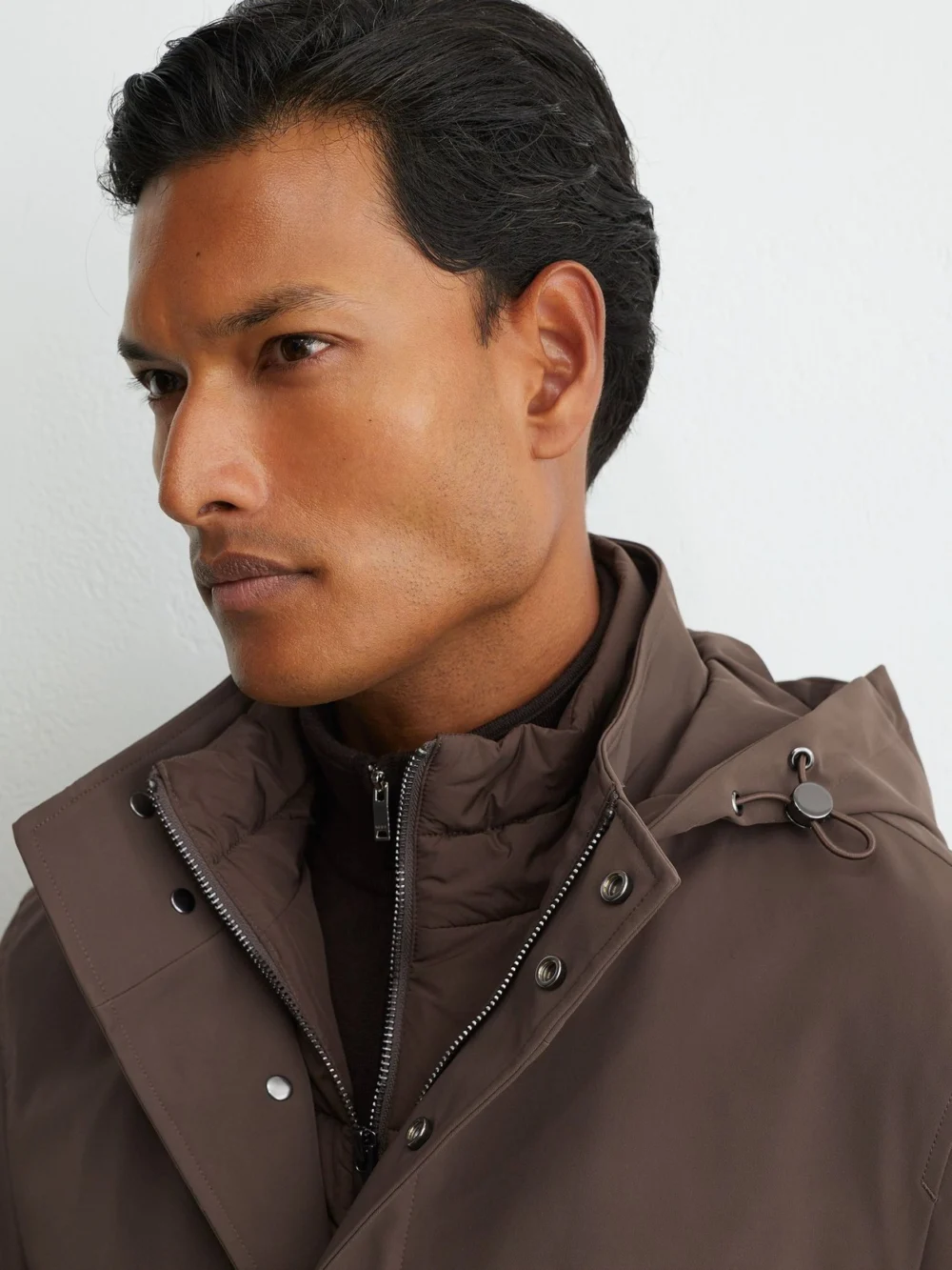 Reiss Mocha Brown Hybrid Gilet-insert Overcoat with Detachable Hood, view 4
