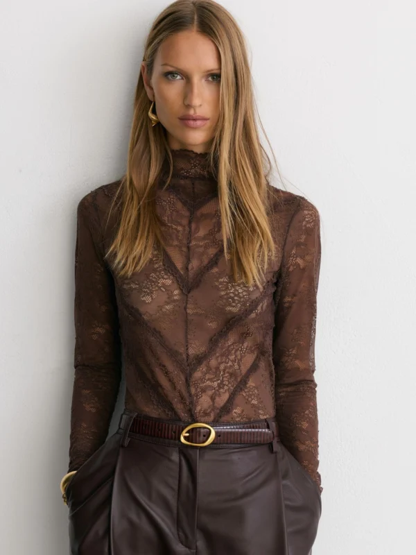 Reiss Mocha Brown Lace Long-sleeve High-neck Top
