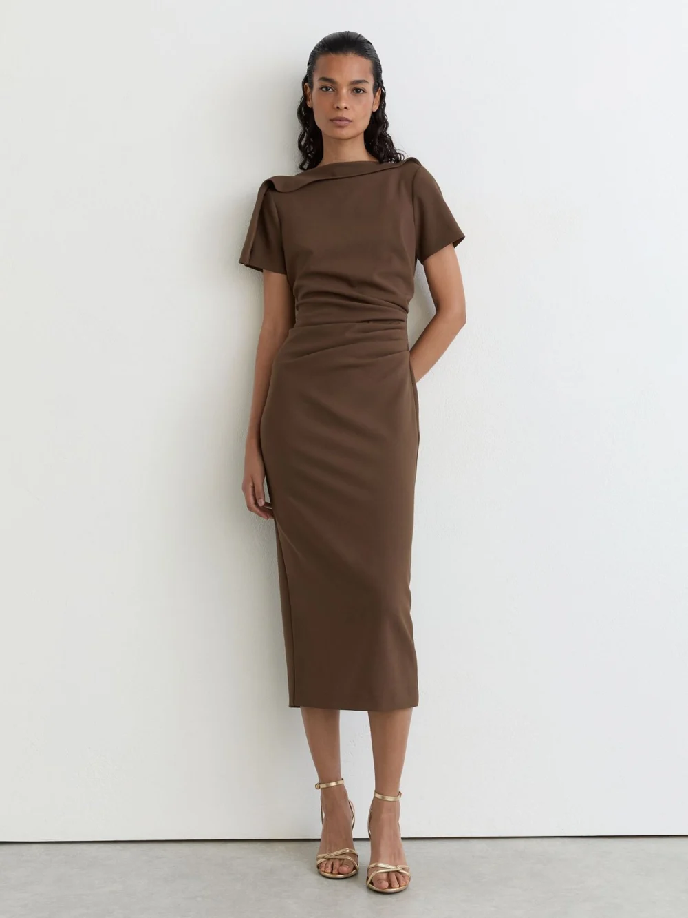 Reiss Mocha Brown Ruched-detail Boat-neck Midi Dress