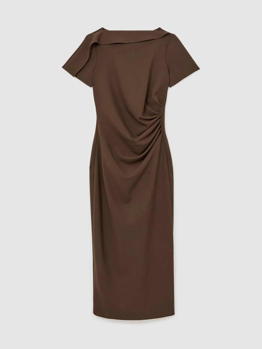 Reiss Mocha Brown Ruched-detail Boat-neck Midi Dress, view 2