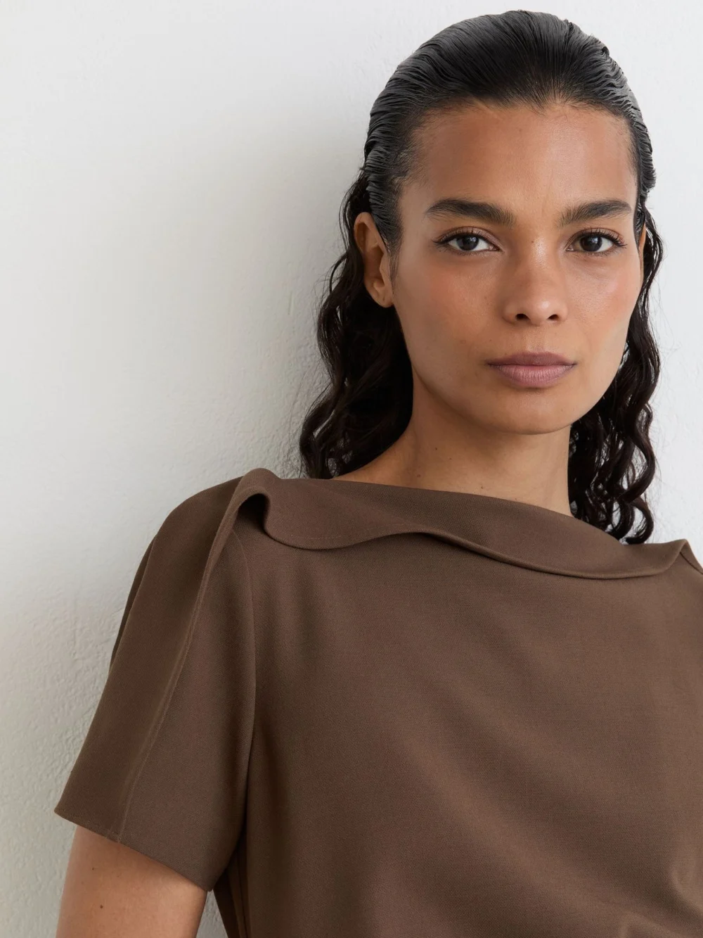 Reiss Mocha Brown Ruched-detail Boat-neck Midi Dress, view 3