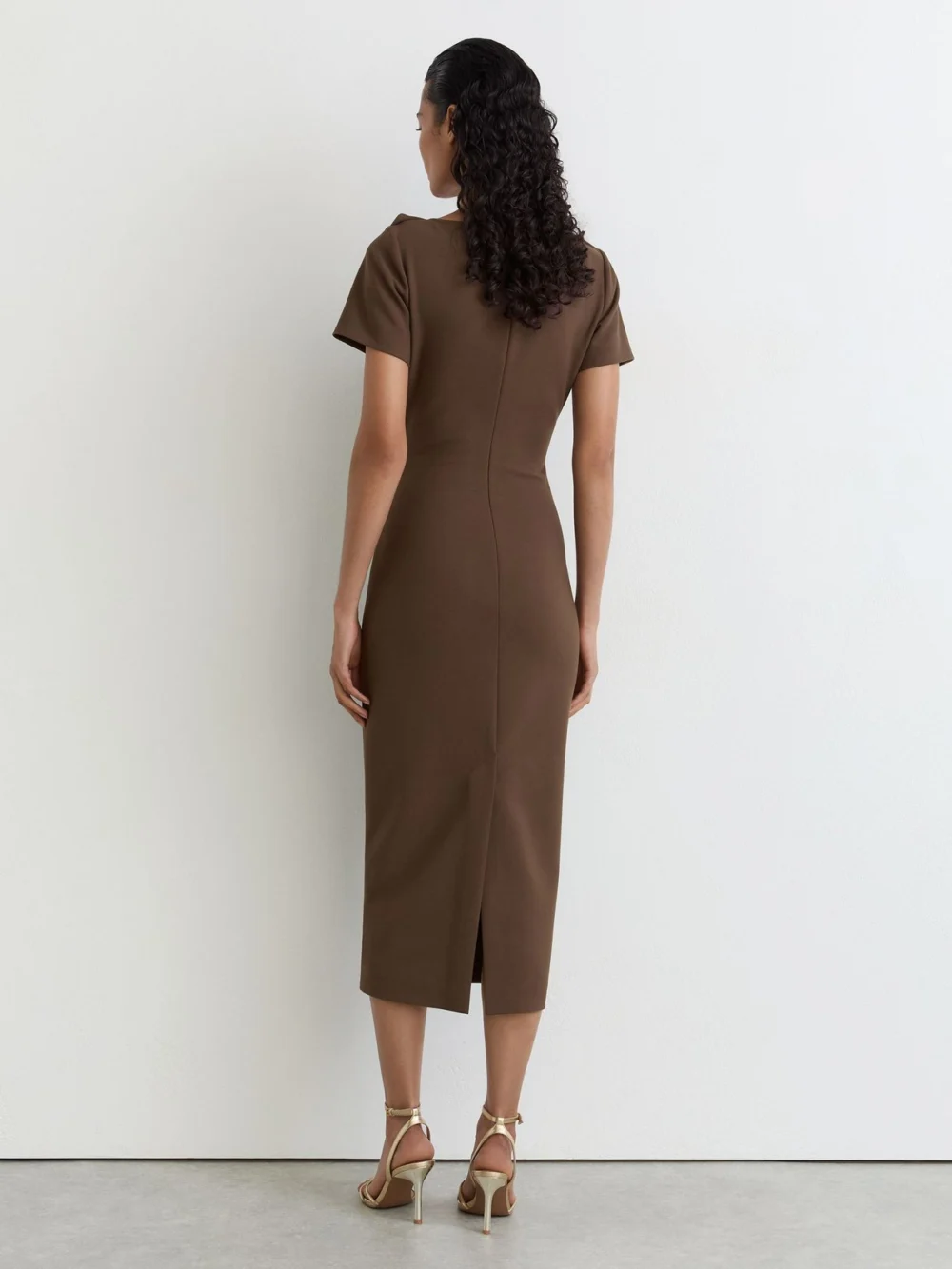 Reiss Mocha Brown Ruched-detail Boat-neck Midi Dress, view 4