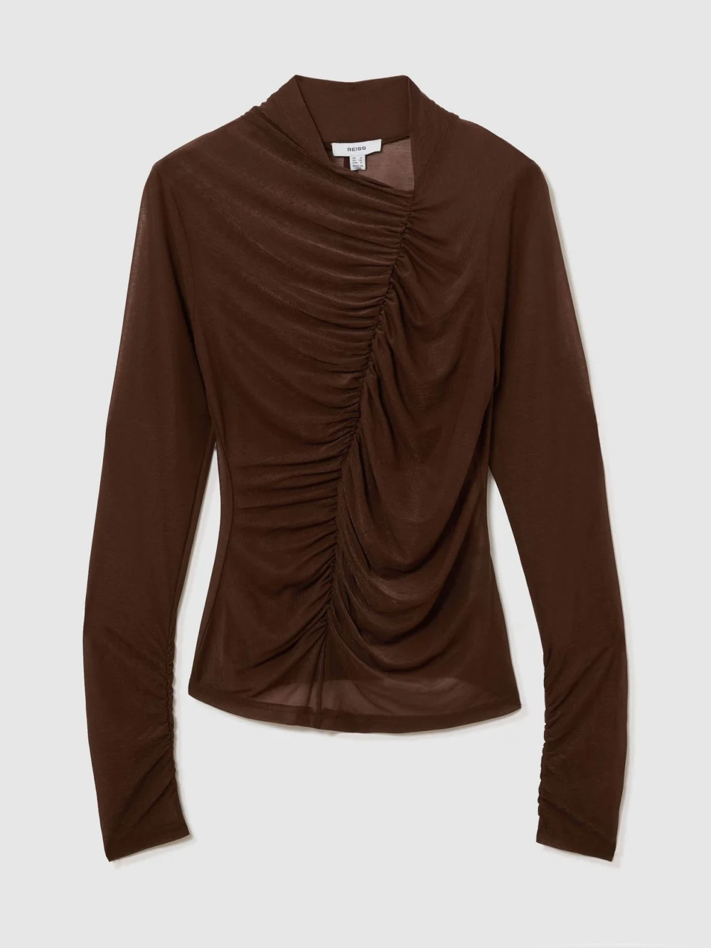 Reiss Mocha Brown Ruched Sheer Long-sleeve Top, view 2
